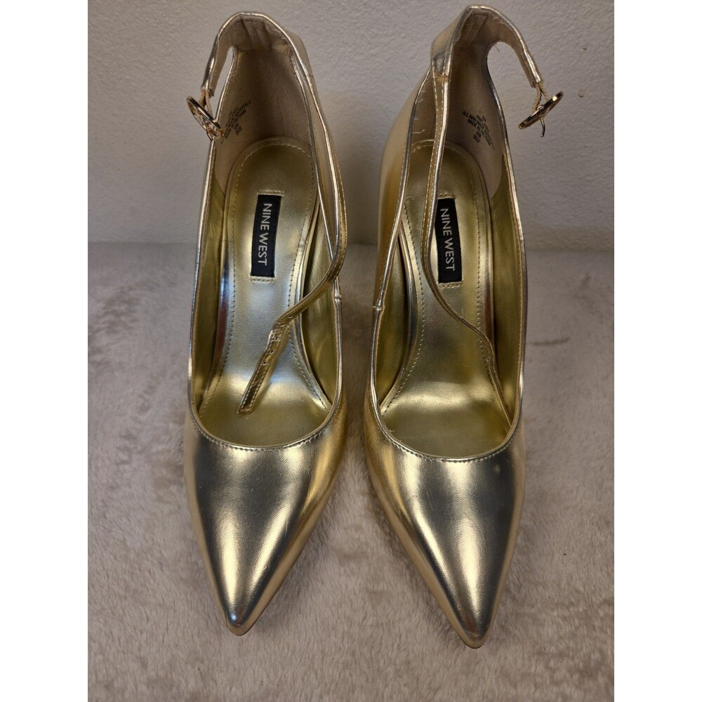 Nine West Gold Metallic Pointed-Toe Heels – Ankle Strap Pumps (Size 6M)